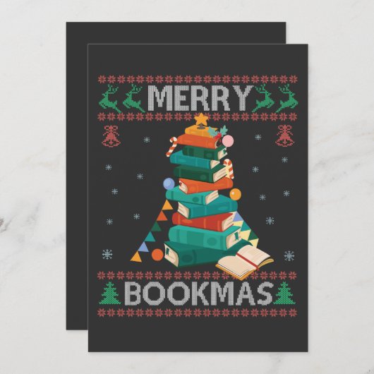 Merry Bookmas Funny Ugly Xmas Sweater Library Gesc Einladung (Vorne/Hinten)