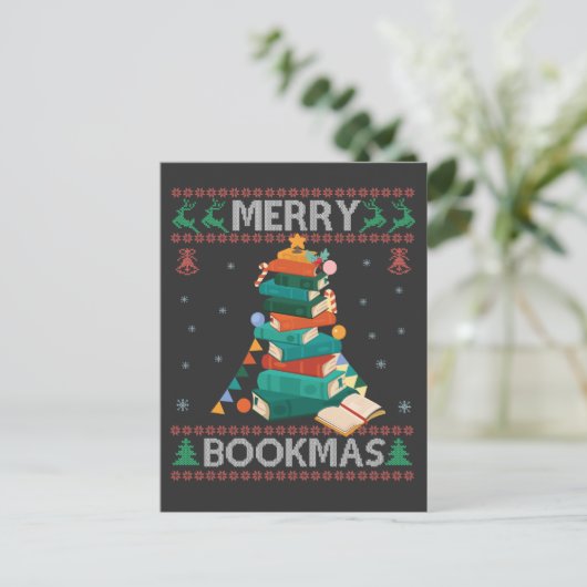Merry Bookmas Funny Ugly Xmas Sweater Library Gesc Einladungspostkarte (Stehend Vorderseite)