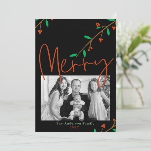 Merry Botanical Black Berry Branch Holiday Party Einladung (Stehend Vorderseite)