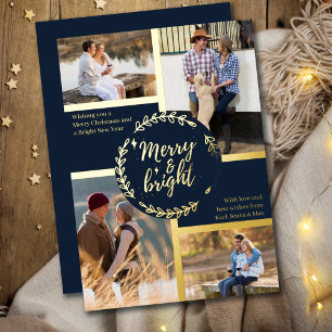 Merry & Bright 4 Foto Collage Dark Blue und Gold Folien Feiertagskarte