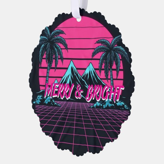Merry & Bright 80's Night' Retro Synthwave Ornament Karte (Links)