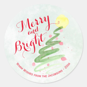 Merry & Bright Abstrakt Watercolor Weihnachtsbaum Runder Aufkleber