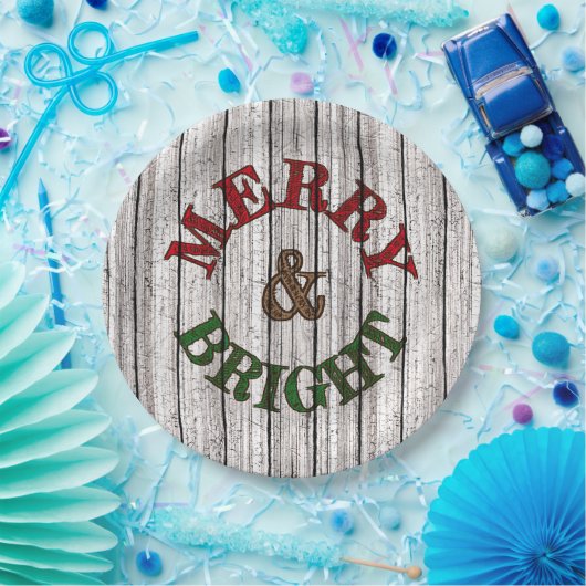 Merry & Bright auf wittertem Holzplanke-Muster Pappteller (Party)