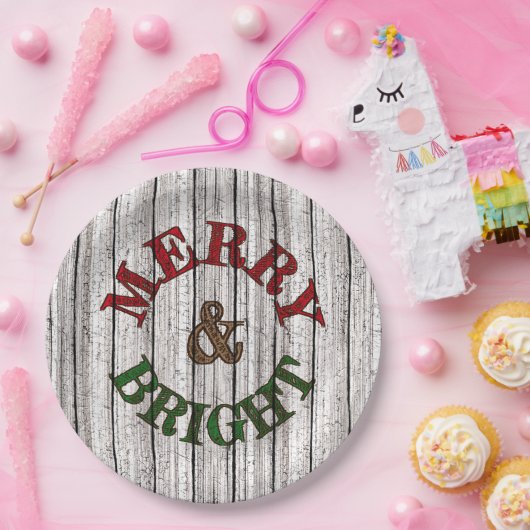 Merry & Bright auf wittertem Holzplanke-Muster Pappteller (Party)