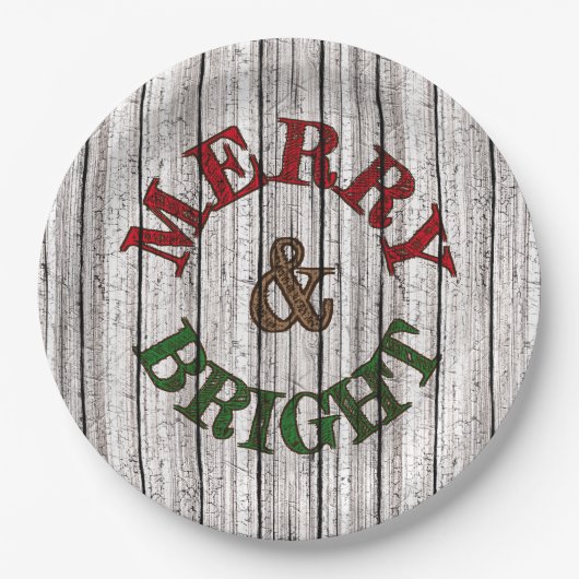 Merry & Bright auf wittertem Holzplanke-Muster Pappteller (Vorderseite)