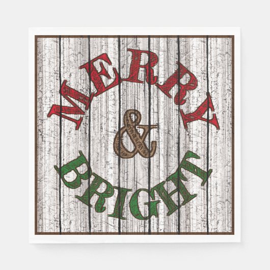 Merry & Bright auf wittertem Holzplanke-Muster Serviette (Vorderseite)