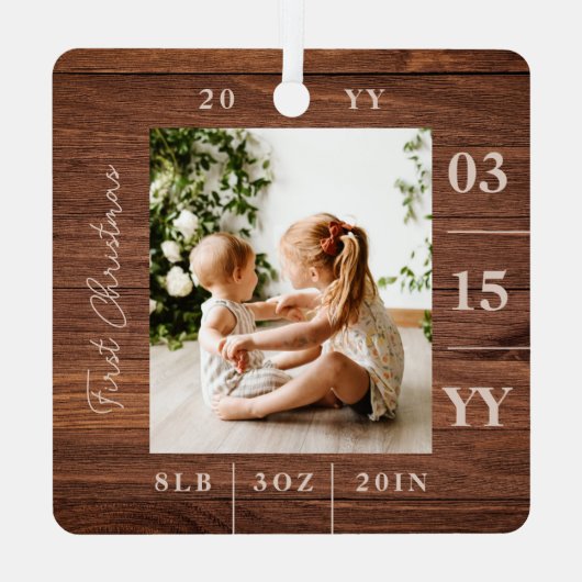 Merry Bright Baby 1. Weihnachtsgeschenk Foto Woodg Ornament Aus Metall (Rückseite)