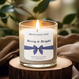Merry & Bright | Blue Bow Modern Candle Labels Quadratischer Aufkleber