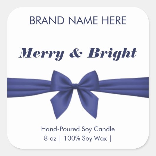 Merry & Bright | Blue Bow Modern Candle Labels Quadratischer Aufkleber (Vorderseite)