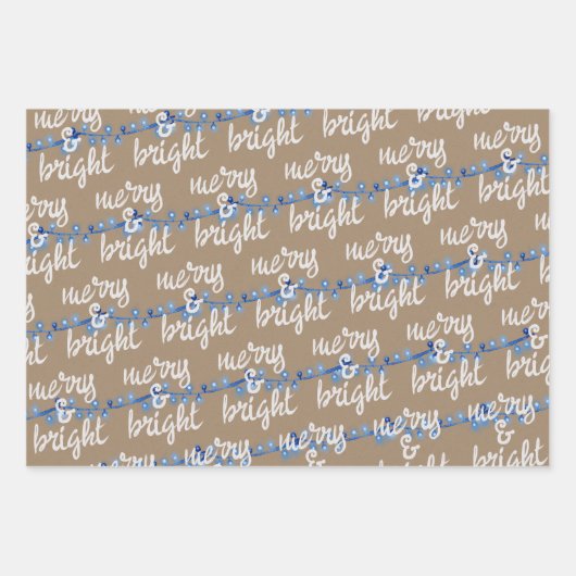 Merry & Bright Blue Christmas Tree Lights Kraft Geschenkpapier Set (Vorderseite 2)