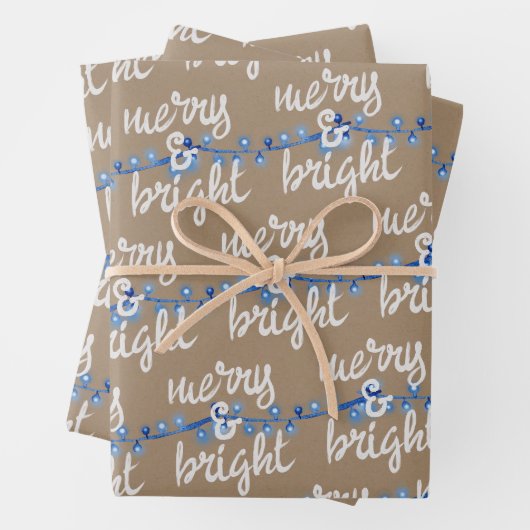 Merry & Bright Blue Christmas Tree Lights Kraft Geschenkpapier Set (Beispiel)