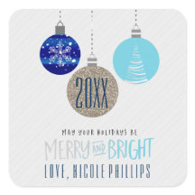 Merry & Bright Blue Ornaments Hang Holiday Sticker