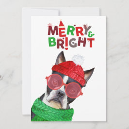 Merry & Bright Boston Terrier Glasses Hat Scarf Feiertagskarte