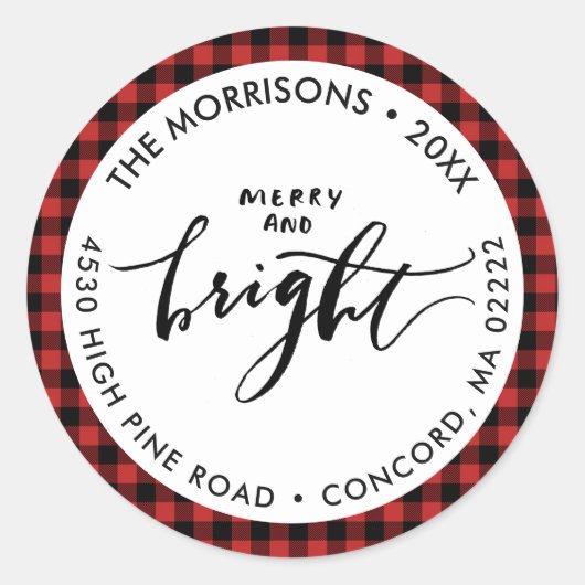 Merry Bright Buffalo Plaid Weihnachten Ihre Adress Runder Aufkleber (Vorderseite)
