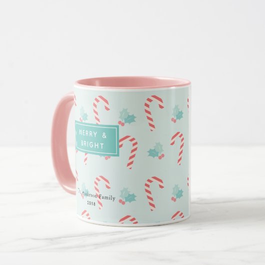 Merry & Bright Candy Cane Pattern Foto Tasse (Vorderseite Links)