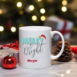 Merry & Bright Christmas Blue Red Festive Add Name Kaffeetasse