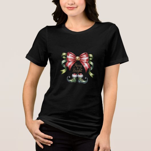 Merry & Bright Christmas Bow & Elf Shoes T-Shirt Tri-Blend Shirt (Vorderseite)