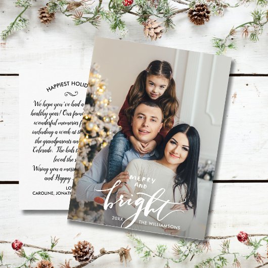 Merry Bright Christmas Hand Lettered Family Foto Postkarte