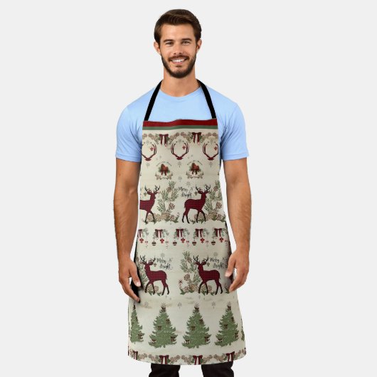 Merry Bright Christmas Pine Tree Deer Rustic Wood Schürze (Getragen)