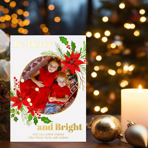Merry & Bright Christmas Poinsettia Foto Gold Folien Feiertagskarte