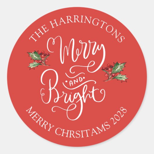 Merry Bright Christmas Red Personalisiert Party Runder Aufkleber (Vorderseite)
