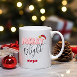 Merry & Bright Christmas Retro Red Pink Add Name   Kaffeetasse<br><div class="desc">This cute, girly Merry & Bright design was created using a fun modern script font and my hand lettered block font in a retro 80's style in pink and red. It features my hand painted Santa hat with holly and berries for a festive holiday look. Add your name to personalize...</div>