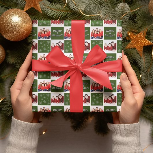 Merry & Bright Christmas Snowflake Foto Green Geschenkpapier Set