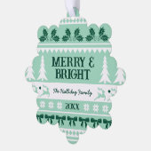 Merry & Bright Christmas Sweater Family Foto Ornament Karte (Linke Ecke)
