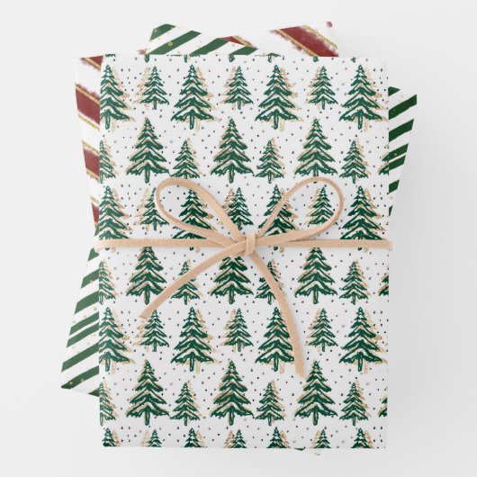 Merry & Bright Christmas Trees & Stripes Set von 3 Geschenkpapier Set (Beispiel)