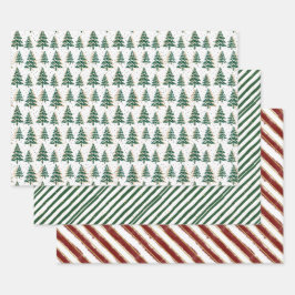 Merry & Bright Christmas Trees & Stripes Set von 3 Geschenkpapier Set