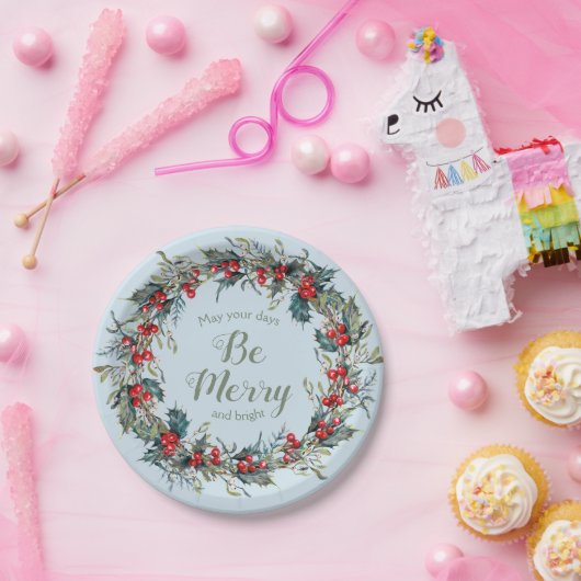 Merry Bright Christmas Wreath Berries Green Blätte Pappteller (Party)