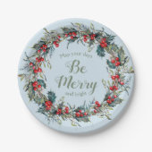 Merry Bright Christmas Wreath Berries Green Blätte Pappteller (Vorderseite)