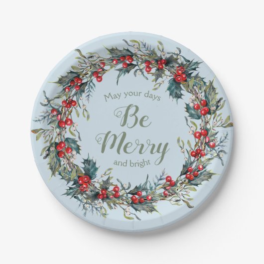 Merry Bright Christmas Wreath Berries Green Blätte Pappteller (Vorderseite)