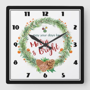 Merry & Bright Christmas Wreath Quadratische Wanduhr