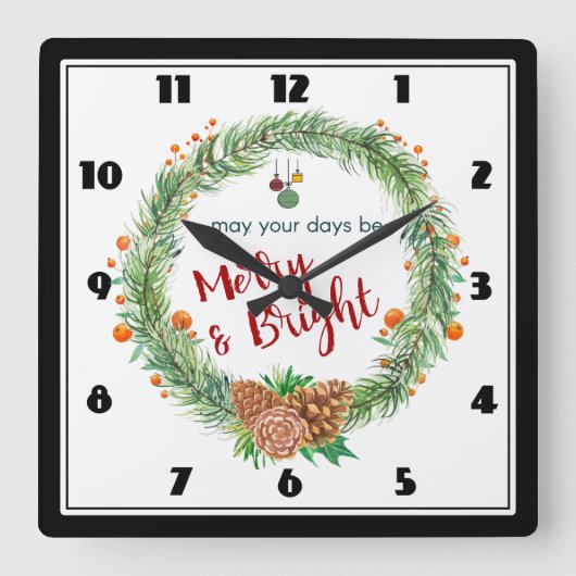 Merry & Bright Christmas Wreath Quadratische Wanduhr (Vorderseite)