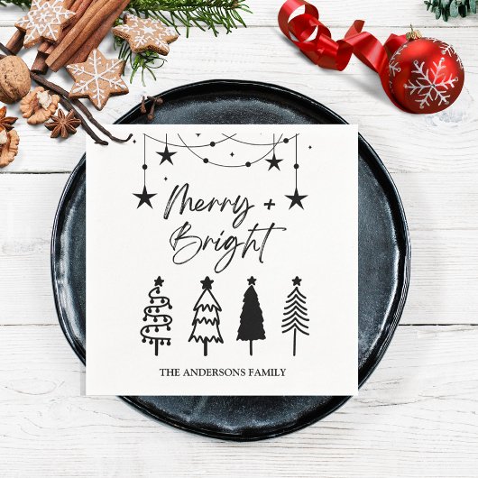 Merry Bright Elegant Script Pine Trees Weihnachten Serviette