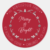 Merry Bright Familienadresse Deer Gray Silver Red Runder Aufkleber (Vorderseite)