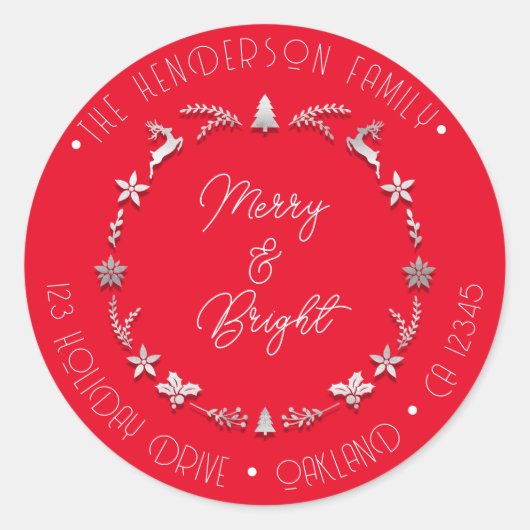 Merry Bright Familienadresse Deer Gray Wreath Red Runder Aufkleber (Vorderseite)