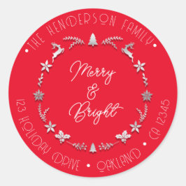 Merry Bright Familienadresse Deer Gray Wreath Red Runder Aufkleber