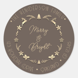 Merry Bright Familienadresse Deer Stars Gold Brown Runder Aufkleber