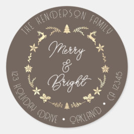 Merry Bright Familienadresse Rentier Wreath Gold Runder Aufkleber
