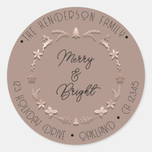 Merry Bright Familienadresse Wreath Dez Rose Runder Aufkleber