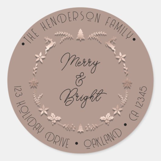 Merry Bright Familienadresse Wreath Dez Rose Runder Aufkleber (Vorderseite)