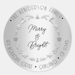 Merry Bright Familienadresse Wreath Gray Silver Runder Aufkleber