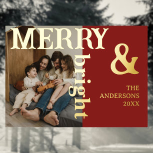 Merry & Bright Family Foto Elegant Deep Burgundy Folien Feiertagskarte
