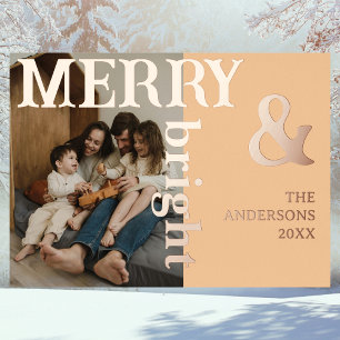 Merry & Bright Family Foto Elegant Warm Peach Folien Feiertagskarte