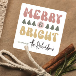 Merry & Bright farbenfroh Retro Groovy Weihnachten Quadratischer Aufkleber
