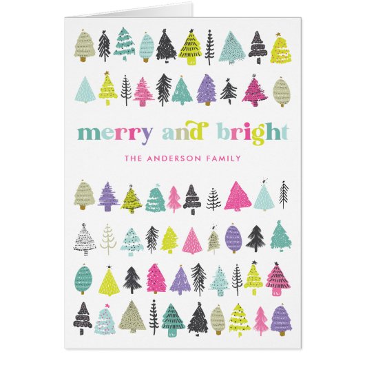 Merry & Bright farbenfrohe Bäume Ferienkarte (Vorne)