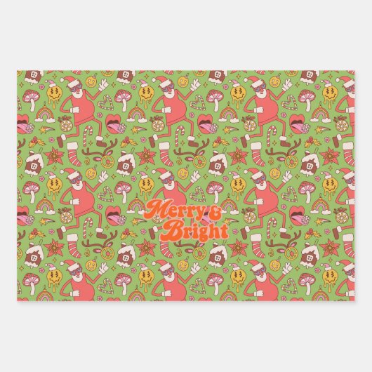 Merry & Bright | Farbenfrohe Retro Weihnachtsfeier Geschenkpapier Set (Vorderseite)