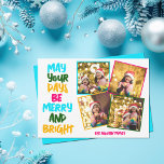 Merry Bright farbenfrohe Weihnachtsfoto Collage Feiertagskarte<br><div class="desc">Niedliche und fröhliche Foto-Collage Urlaubskarten mit einem farbenfrohen Strang von Weihnachtsbeleuchtung umhüllt von Ihrem Kinderfoto. Mögen Ihre Tage fröhlich und hell geschrieben in fett gedruckten Buchstaben von hellblau bis zu Ihrem Familiennamen in heißen Rosa. Ein farbenfroher Regenbogen für die Ferien. Fügen Sie Ihre Lieblings-4 Fotos hinzu.</div>